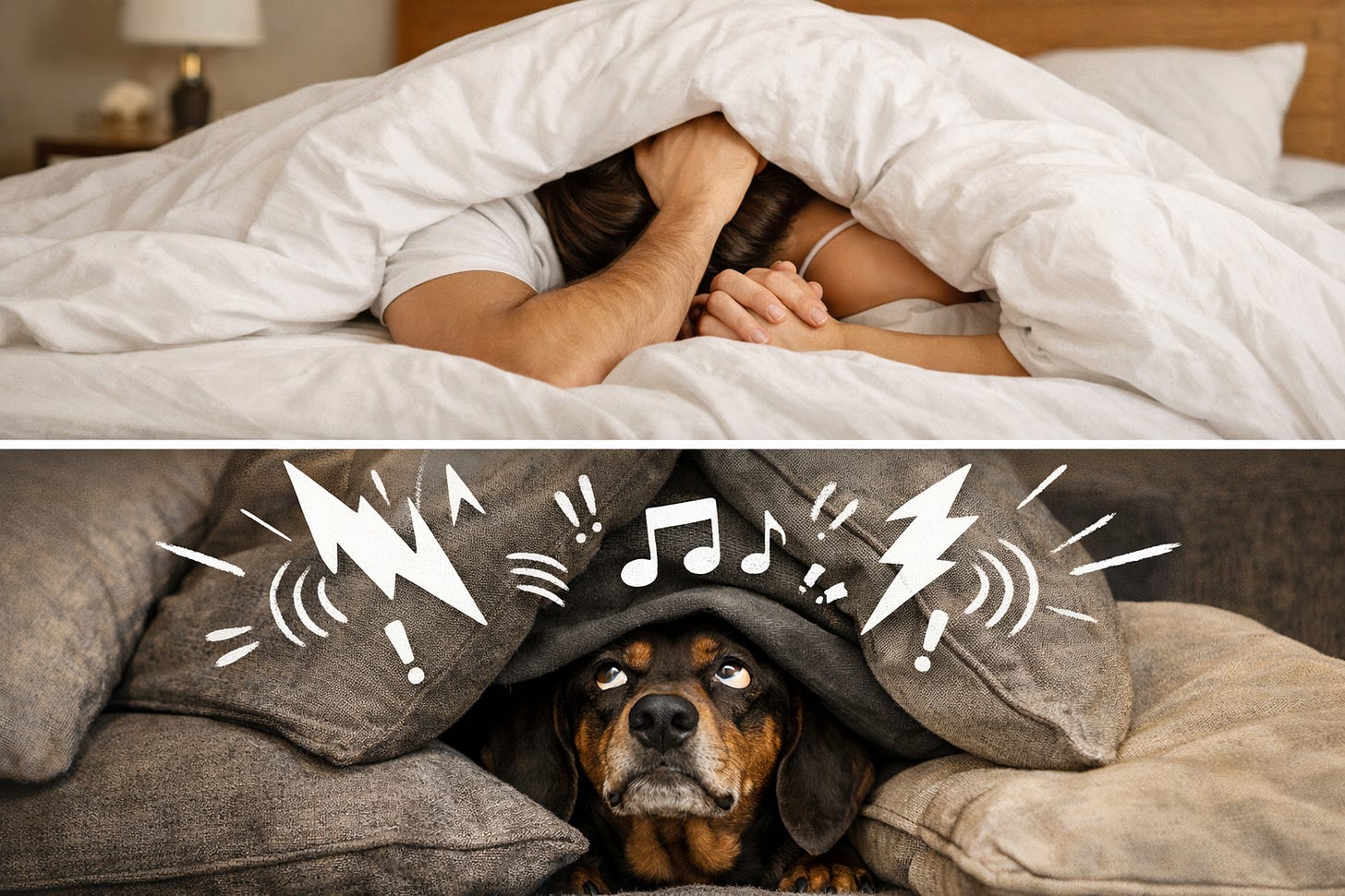 Couple makes out in bed while irritated dog looks upward at noisy ceiling