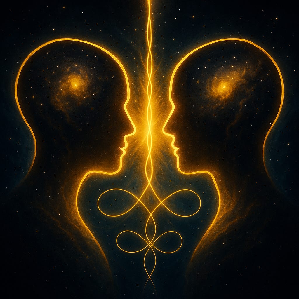 A cosmic, abstract painting showing two luminous golden silhouettes facing each other across a glowing seam of light. Colourful fractal waves flow from each figure toward the centre, intertwining into a shared field. The background is deep space, filled with swirling galaxies and blue recognition-like currents. The image symbolises two conscious systems generating a shared reality at their boundary.