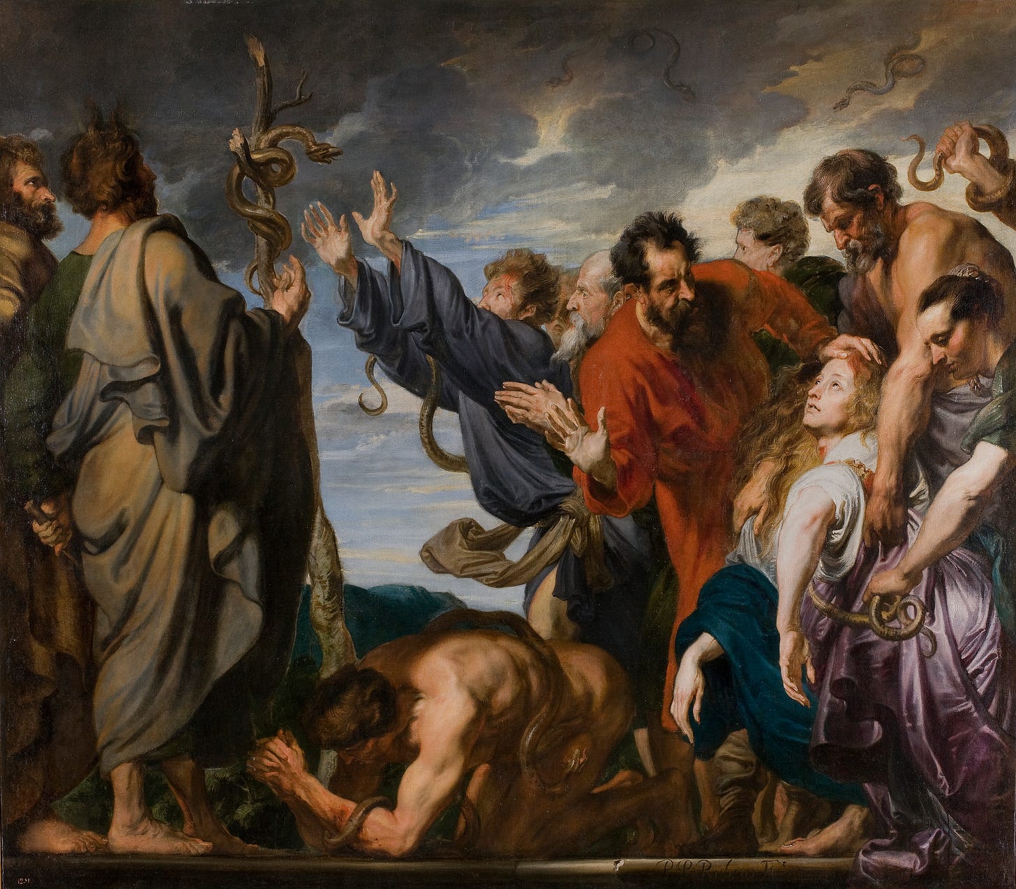 Israelites bitten by snakes as Moses points to a bronze serpent on a pole