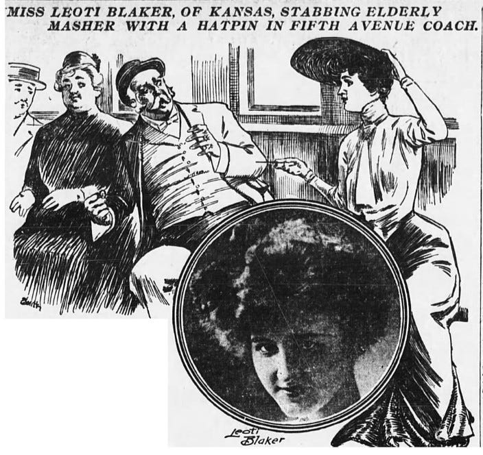 A newspaper drawing giving a reconstruction of the incident where Leoti Blaker wields a hat pin against a rotund, moustachioed older man. An inset photograph shows Miss Blaker.