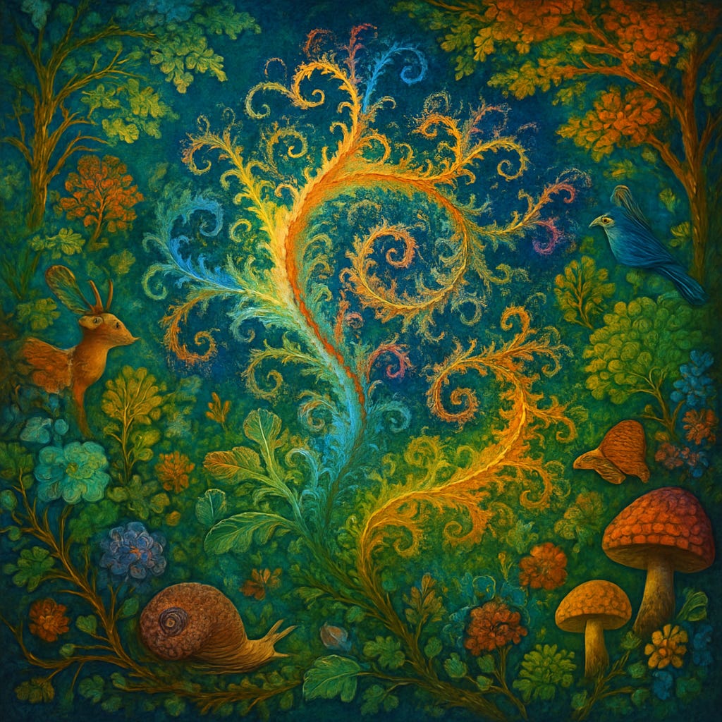 A lush, enchanted forest scene where fractal golden-green vines spiral upward like living geometry, glowing with fiery orange and cool blue energy. Around them, a snail, deer, bird, and mushrooms nestle in the foliage, symbolising connection, autonomy, growth, expression, and security woven into nature’s fabric. The entire image breathes with vibrancy, balance, and evolutionary harmony.