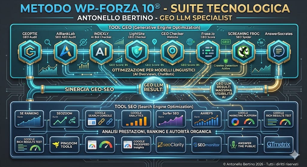 Infografica tecnica intitolata 'METODO WP-FORZA 10® - SUITE TECNOLOGICA di Antonello Bertino - GEO LLM SPECIALIST'. L'immagine mostra un cruscotto digitale diviso in due sezioni principali collegate da una tubazione di 'SINERGIA GEO-SEO'. In alto, la sezione 'TOOL GEO' (Generative Engine Optimization) include icone per GEOPTIE, AIRankLab, INDEXLY, LightSite, GEO Checker, Frase.io e Screaming Frog con focus su 'Ottimizzazione per Modelli Linguistici (AI Overviews, ChatBots)'. In basso, la sezione 'TOOL SEO' (Search Engine Optimization) elenca strumenti di analisi prestazioni e ranking come SE Ranking, SEOZoom, Google Search Console, Ahrefs, Semrush, e GTmetrix. Al centro, il nodo 'GEO LLM RESULT' evidenzia il traguardo della 'Massima Visibilità AI'. In basso a destra, la firma '© Antonello Bertino 2026 - Tutti i diritti riservati'.