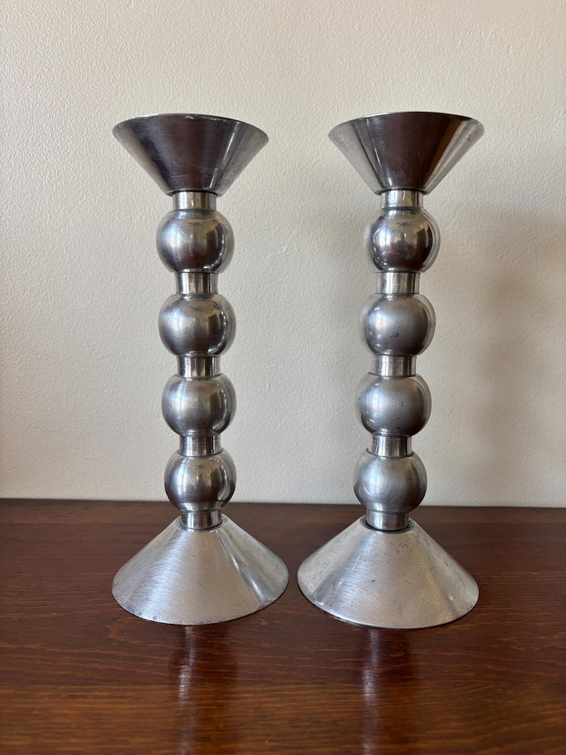 Vintage Polished Aluminum Candle Holder Set: Mid Century Modern Decor image 1