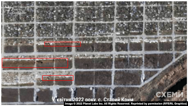 Satellite image of the Planet of Mass Burial in the village of Stary Krym near Mariupol on April 7, 2022