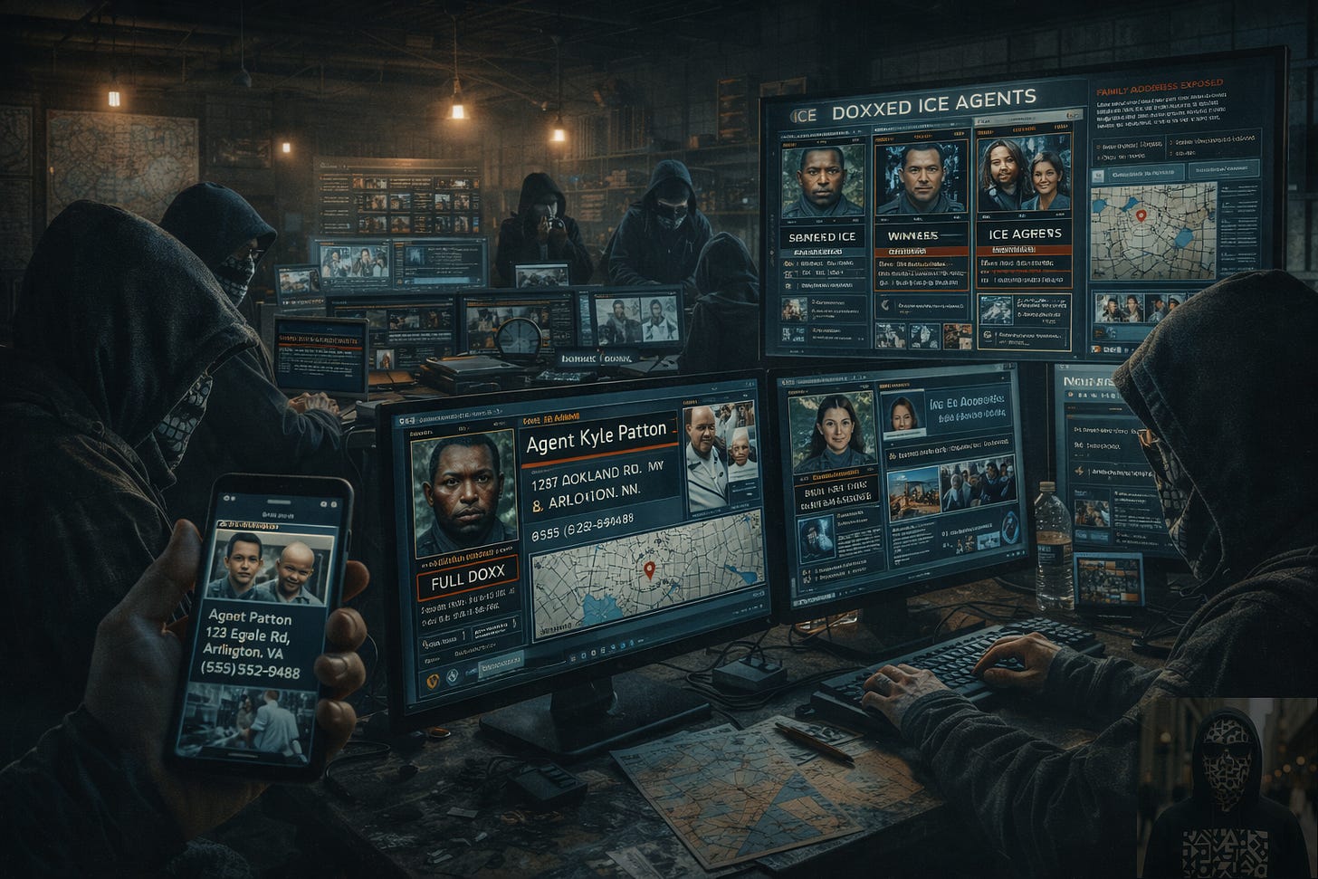 Cinematic, ultra-realistic image of a dim warehouse where masked individuals operate multiple computers displaying publicly sourced personal information, maps, and social-media profiles related to federal agents. Screens show address data, photographs, and network diagrams, illustrating how digital tools can be used to expose and target individuals during modern cyber-enabled conflicts. The setting emphasizes improvised operations rather than formal infrastructure.