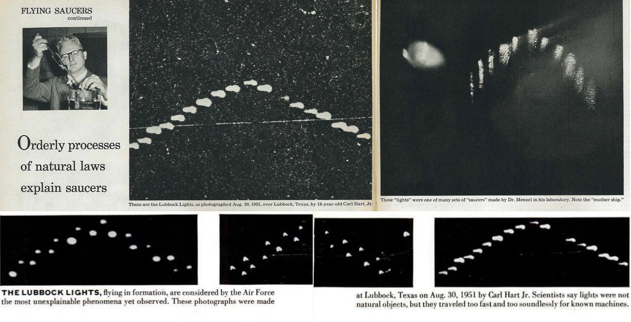 A juxtaposition of 17 June 1952 Look and 7 April 1952 Life demonstrating the layout Donald Menzel would copy to explain away the 30 August 1951 Lubbock, Texas sighting and photographs of Carl Hart Jr. A juxtaposition of 17 June 1952 Look and 7 April 1952 Life demonstrating the layout Donald Menzel would copy to explain away the 30 August 1951 Lubbock, Texas sighting and photographs of Carl Hart Jr.