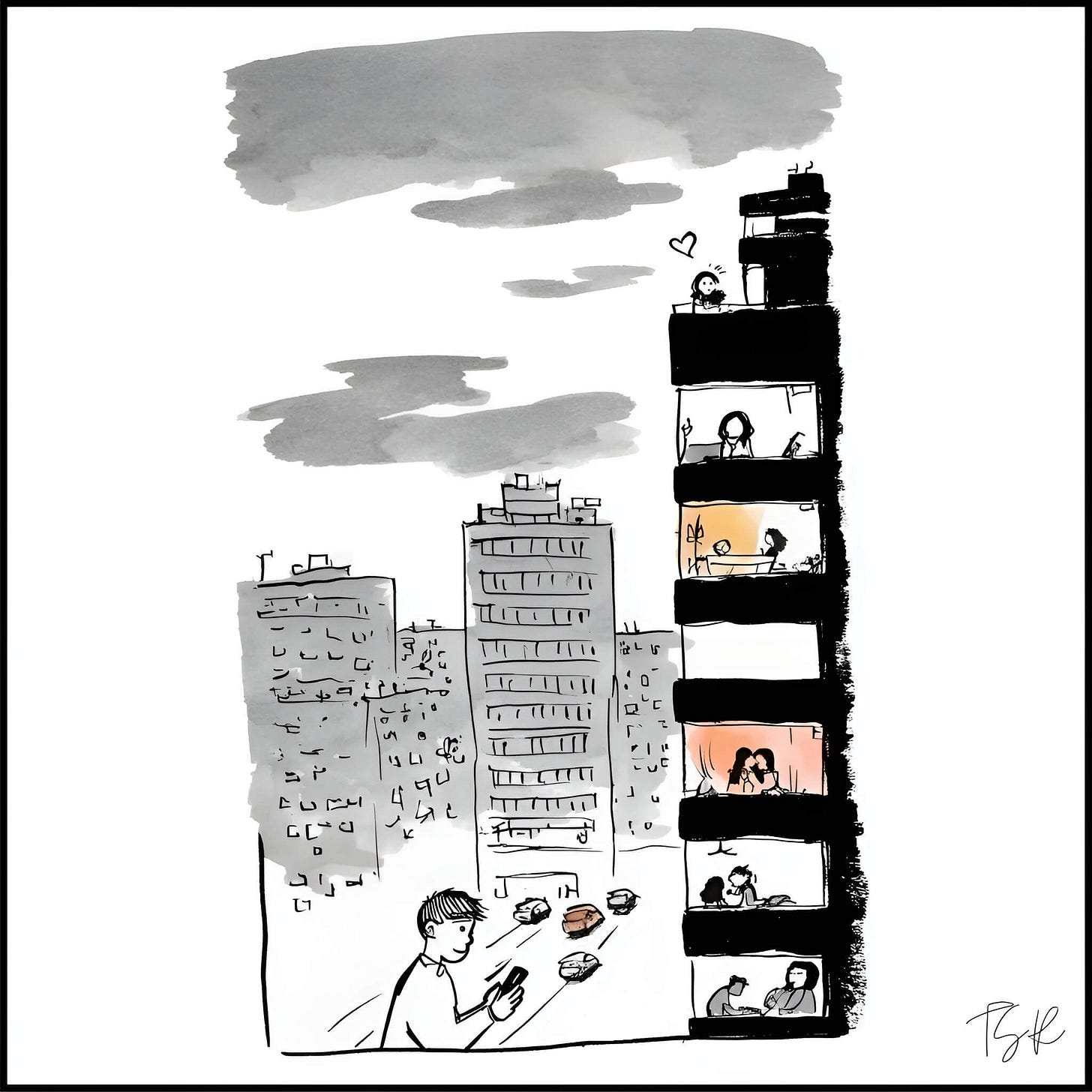 An ink-and-wash cartoon reimagining of the classic balcony scene set in a modern city. A man at street level and a woman on a high-rise balcony are separated by several floors of apartment life, both staring into the blue light of their smartphones. A small heart icon floats above the woman, echoing the title "Verona, 5G."