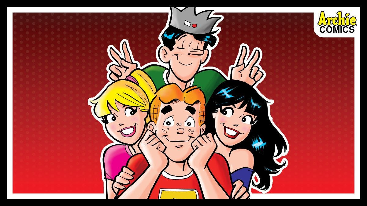 Drawings of the Archie Comics characters, Betty, Veronica, Archie and Jughead. 