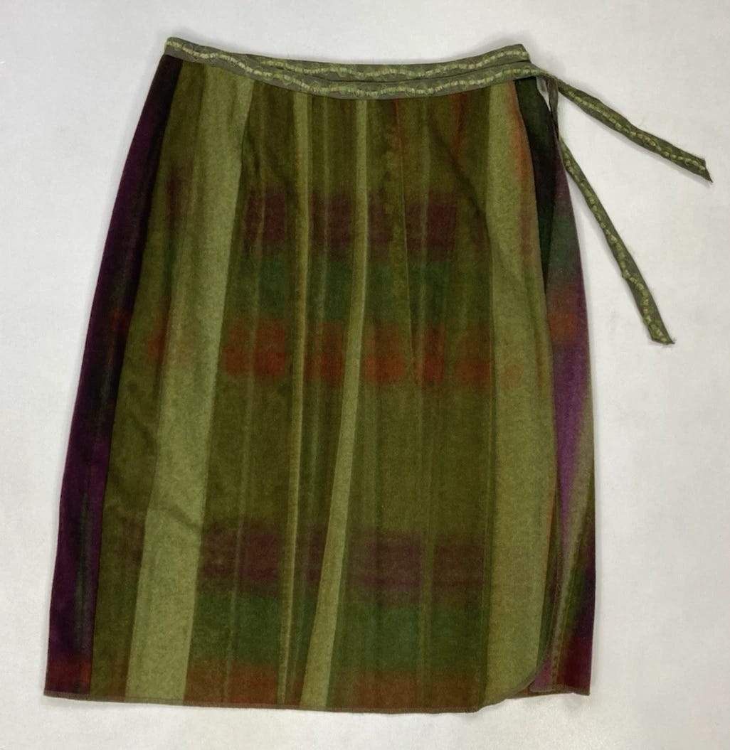 Anna Sui Wrap Around Wool Blend Skirt Women Size 10 Olive Green Multicolor USA - Picture 1 of 5