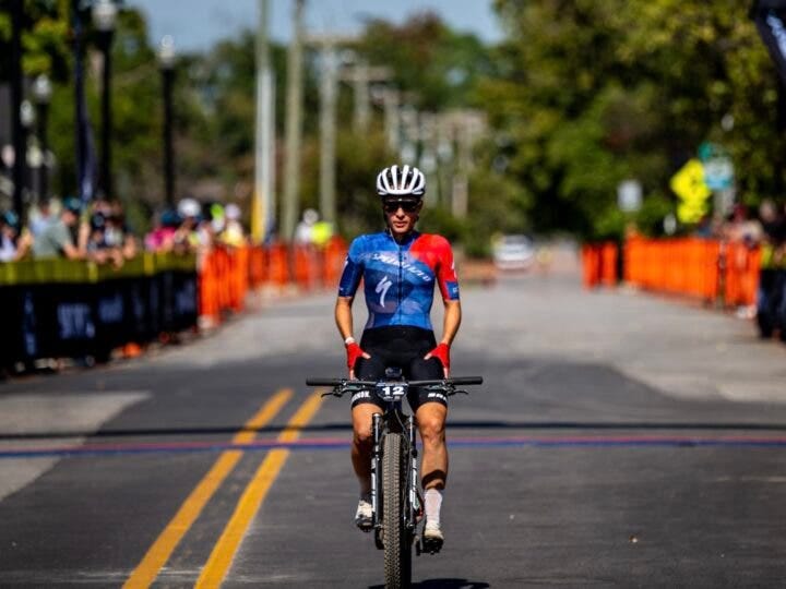 Sofia Gomez Villafañe crosses the line in Bentonville, Arkansas.