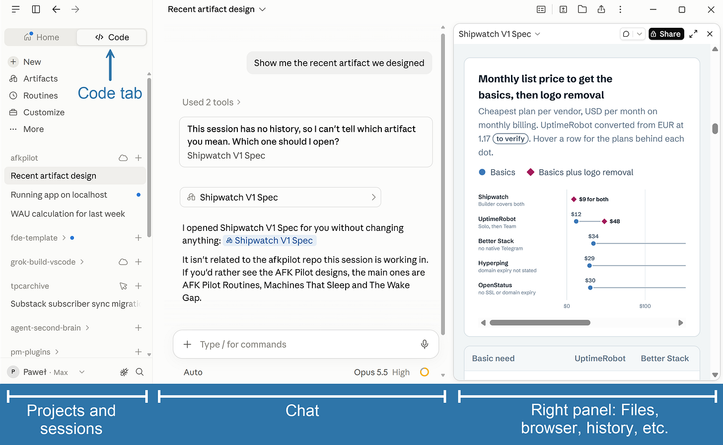 Claude Code desktop app (the Code tab in Claude Desktop): projects and sessions on the left, the chat in the center, and an artifact in the right panel Claude Code desktop app (the Code tab in Claude Desktop): projects and sessions on the left, the chat in the center, and an artifact in the right panel