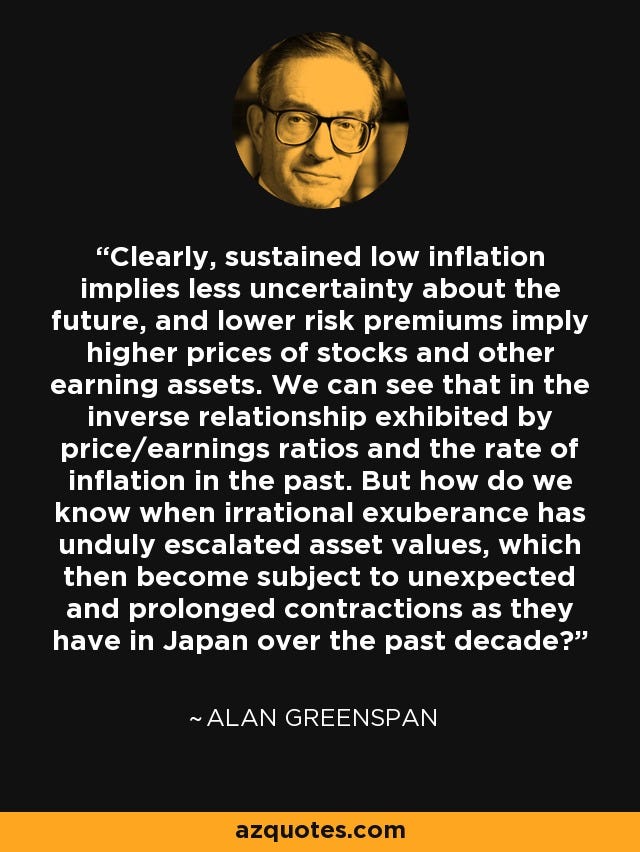 Clearly, sustained low inflation implies less uncertainty about the future, and lower risk premiums imply higher prices of stocks and other earning assets. We can see that in the inverse relationship exhibited by price/earnings ratios and the rate of inflation in the past. But how do we know when irrational exuberance has unduly escalated asset values, which then become subject to unexpected and prolonged contractions as they have in Japan over the past decade? - Alan Greenspan