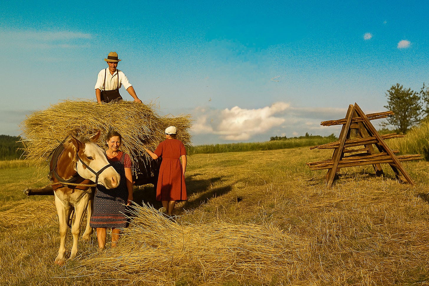 Kolorierte historische Aufnahme einer Ernte um 1900: Ein Pferd zieht einen beladenen Heuwagen, auf dem ein Mann in Hemd, Hosenträgern und Hut das Stroh festtritt. Zwei Frauen, eine mit Kopftuch, arbeiten neben dem Wagen. Links steht das Pferd, rechts im Bild ein hölzernes Gestell für Garben. Die Szene spielt auf einem abgeernteten Feld unter blauem Himmel. Kolorierte historische Aufnahme einer Ernte um 1900: Ein Pferd zieht einen beladenen Heuwagen, auf dem ein Mann in Hemd, Hosenträgern und Hut das Stroh festtritt. Zwei Frauen, eine mit Kopftuch, arbeiten neben dem Wagen. Links steht das Pferd, rechts im Bild ein hölzernes Gestell für Garben. Die Szene spielt auf einem abgeernteten Feld unter blauem Himmel.