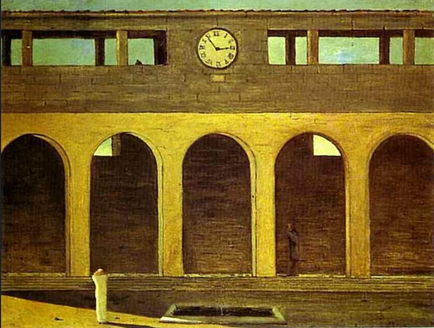 Giorgio de Chirico, The Enigma of the Hour, 1911. A deserted sunlit piazza with deep shadow arcades and a clock face, bathed in light that belongs to no particular time of day.