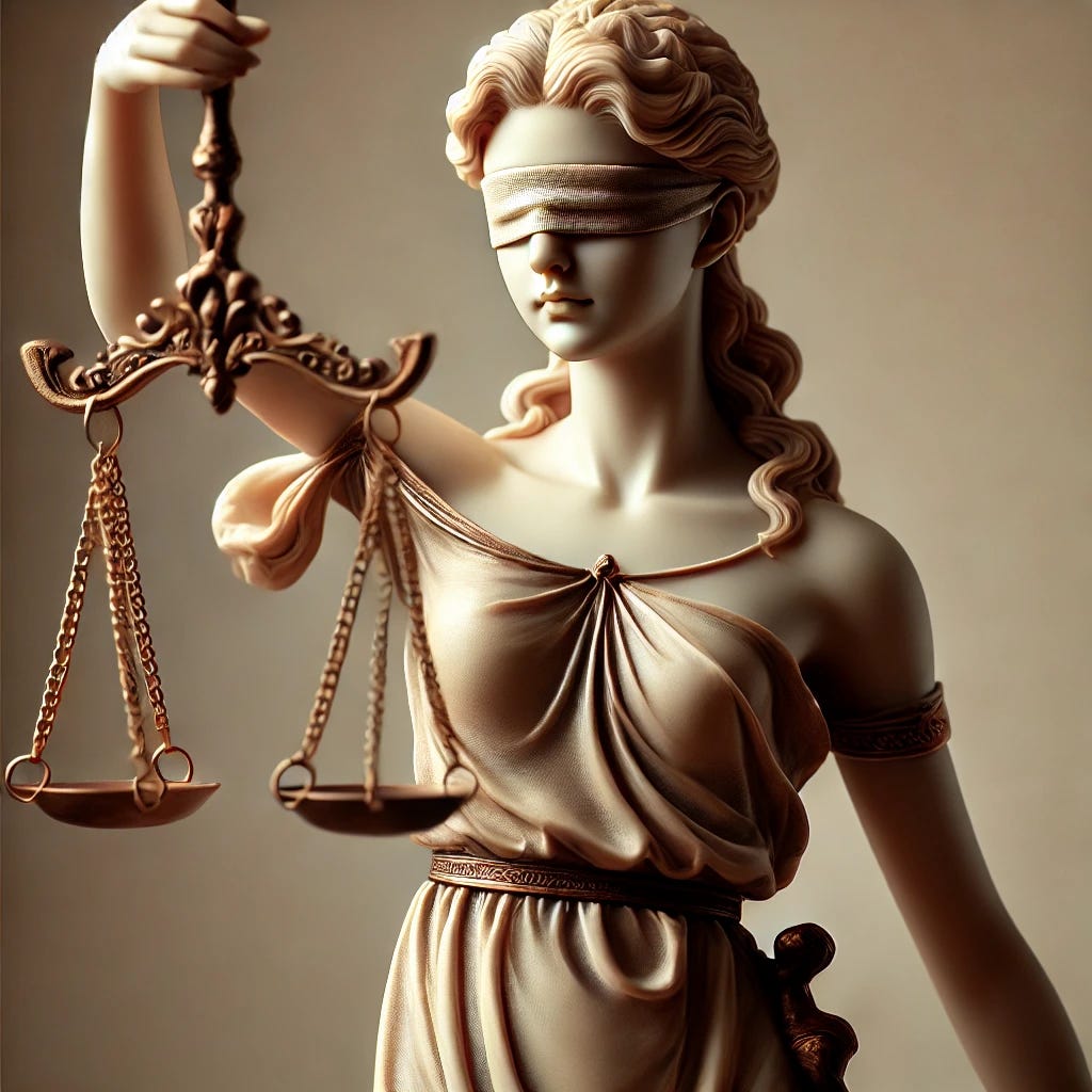 A detailed image of a blindfolded goddess symbolizing justice, holding a scale in one hand. She stands gracefully with an aura of wisdom and fairness, dressed in flowing, classical robes reminiscent of ancient Greek or Roman attire. Her expression is calm and composed, symbolizing impartiality. The background is soft and neutral to keep the focus on the goddess, with balanced lighting that highlights the scale and her serene face. The scene evokes a sense of divine justice and balance, embodying the ideal of unbiased judgment. 1024x1024