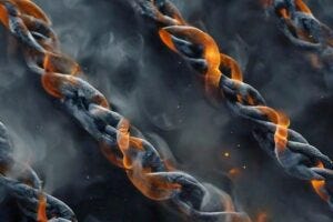 DNA strands made of burning embers and smoke