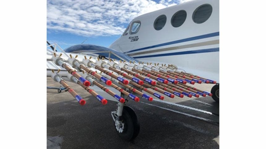 This photo shows flares fixed on the aircraft's wing that house the silver iodide used for cloud seeding. This photo shows flares fixed on the aircraft's wing that house the silver iodide used for cloud seeding.