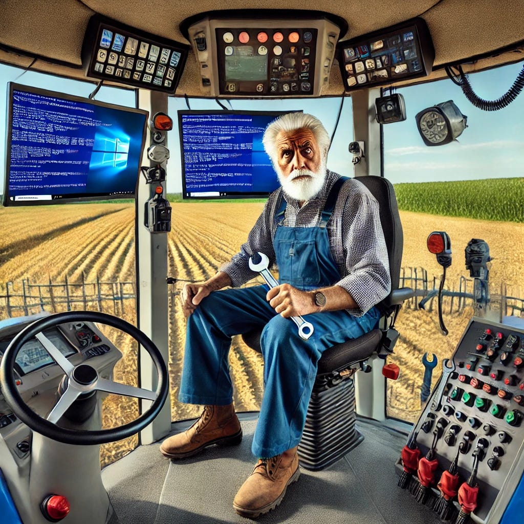 Inside the cabin of a high-tech tractor, resembling the provided image. The farmer is sitting in the driver's seat, staring at the main console which displays a blue screen of death error message, similar to a Windows error. The farmer looks frustrated and puzzled, holding a wrench. The tractor's cabin is filled with digital controls and advanced technology, similar to the detailed layout in the provided image, without a laptop. The view outside the cabin shows a sunny field with some crops. The older farmer has gray hair, wrinkles, and is wearing traditional farming attire.