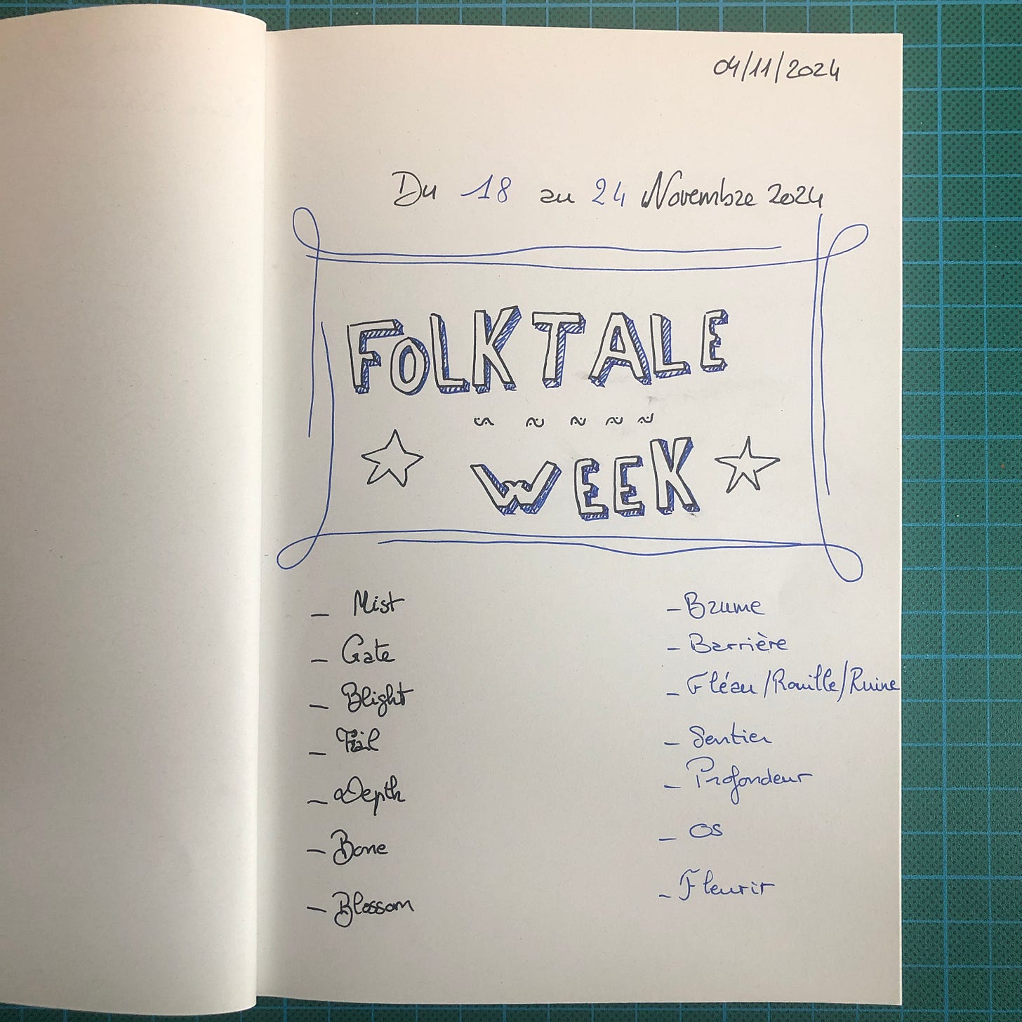 Page du Zapbook où je prends des notes pour préparer Folktale Week