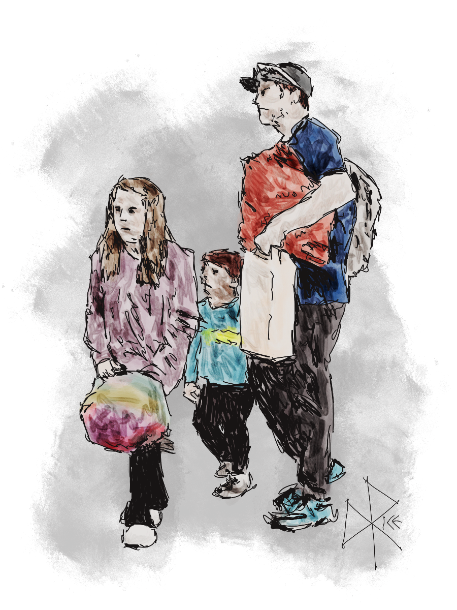 A father carrying bundles and bags while walking through an airport with a girl and boy. The girl also carries her own gear while the boy holds his dad’s hand. Sketch art by Don Rice. A father carrying bundles and bags while walking through an airport with a girl and boy. The girl also carries her own gear while the boy holds his dad’s hand. Sketch art by Don Rice.