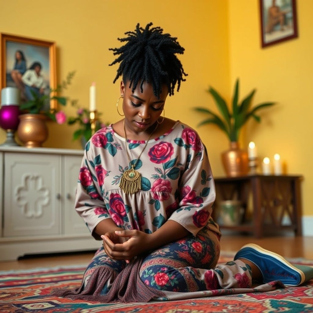 Provide me a realistic image of a Light-skinned African American woman with  tears flowing kneeling at altar in her home in prayer with bold urban colors and clothes