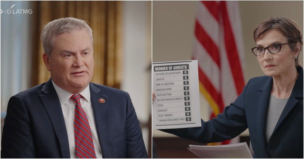 Congressman discusses various political events while a woman holds a chart showing the number of arrests related to those events, emphasizing zero arrests for each listed item.