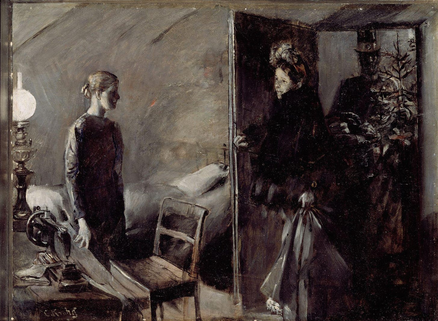 A young woman in a dark dress stands in an attic room lit by an oil lamp, near a sewing machine and a bed, while a lady in a fur coat and feathered hat watches her from the doorway and a man in a top hat holds a small fir tree behind her.