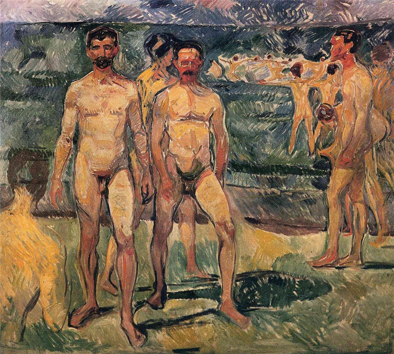 Edvard Munch, Bathing Men, a group of male bathers standing and wading at the shoreline