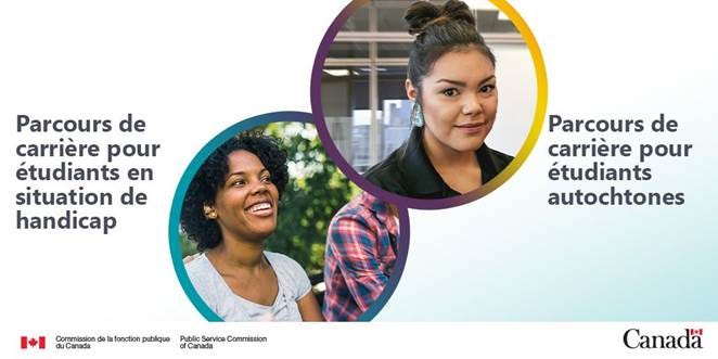 Deux images circulaires de femmes. Texte : Parcours de carrière pour étudiants en situation de handicap, Parcours de carrière pour étudiants autochtones. Deux images circulaires de femmes. Texte : Parcours de carrière pour étudiants en situation de handicap, Parcours de carrière pour étudiants autochtones.