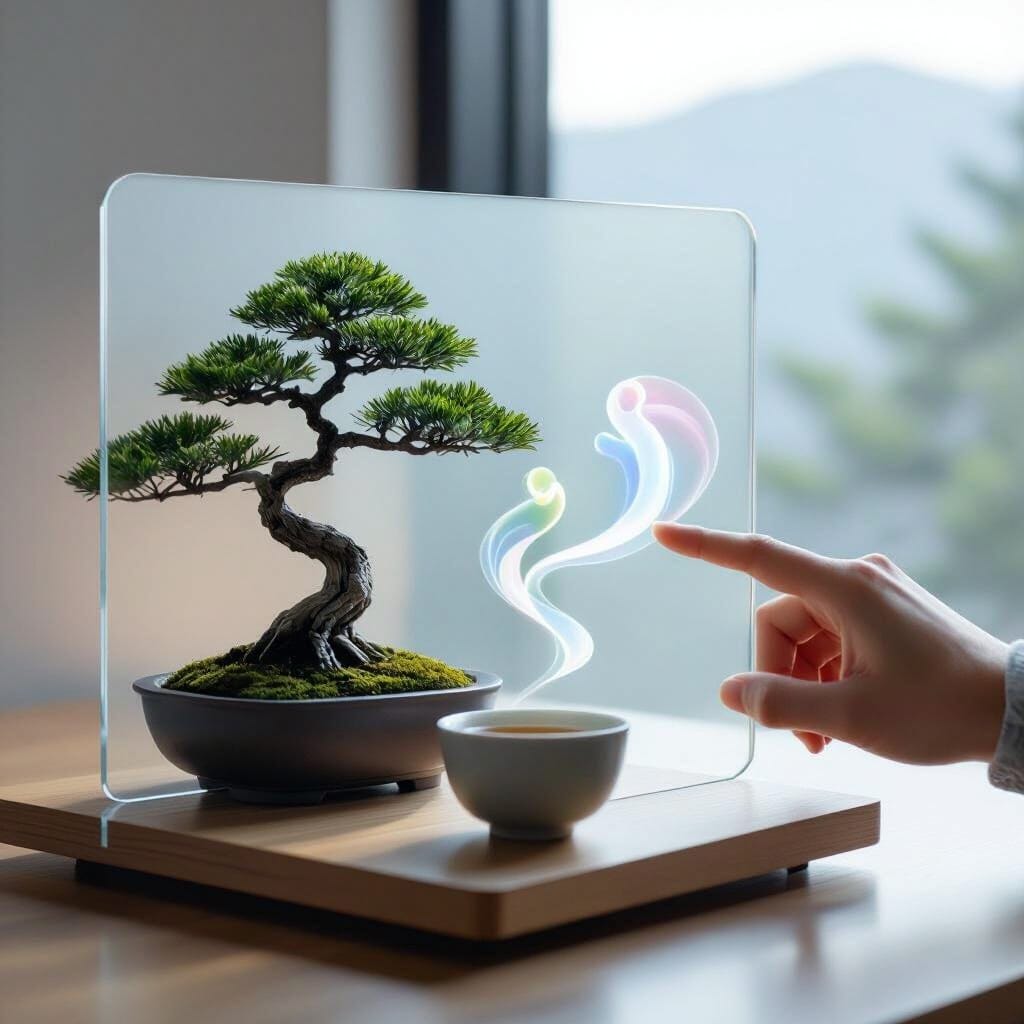 A minimalist, Zen-like workspace. A desk with a single bonsai tree and a cup of tea. In the center is a floating, framel...
