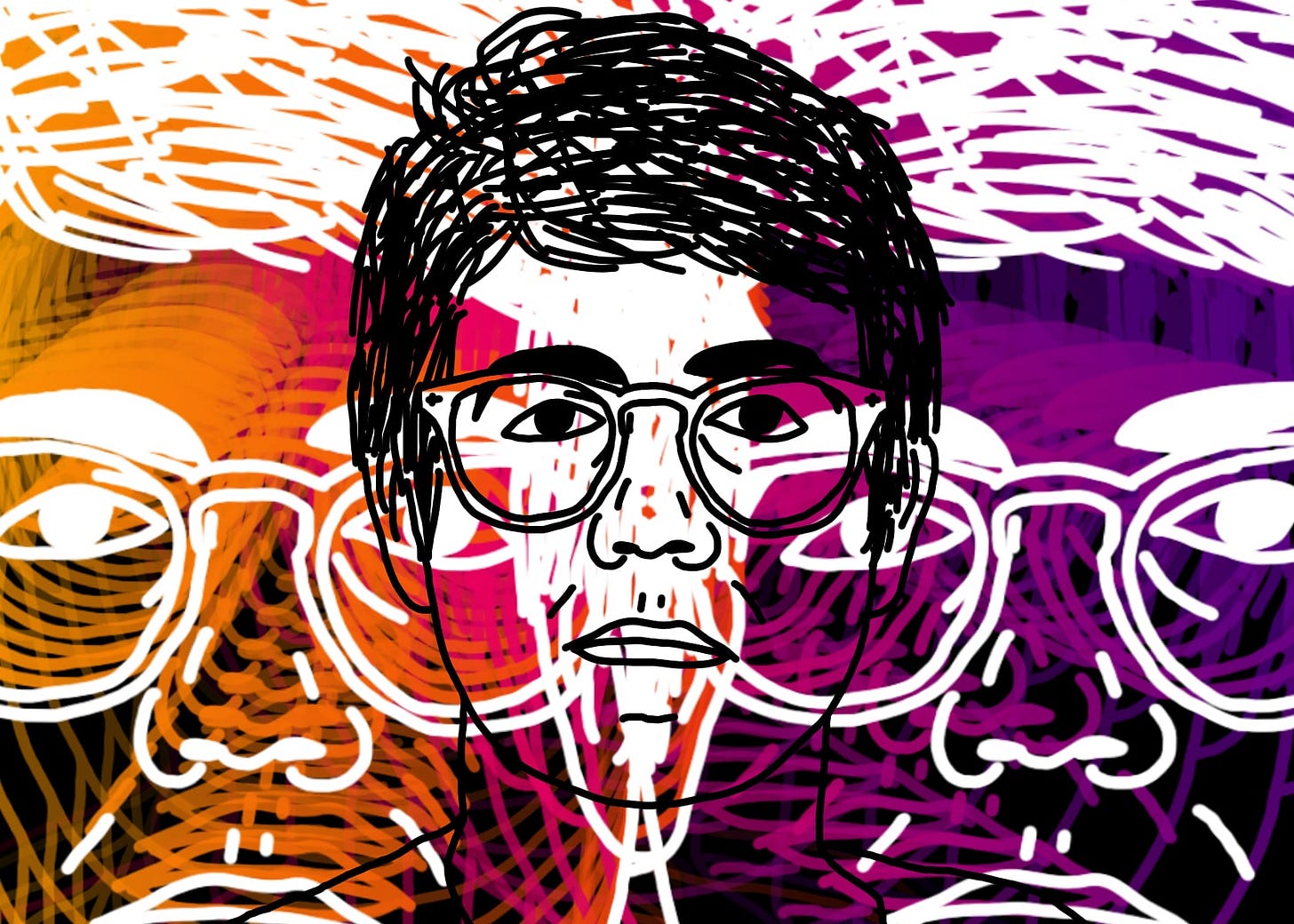 A black line drawing of Alex, the protagonist of "I Hear You Watching." He has short, messy, parted hair, glasses. He stares straight at you, unsmiling. Beneath his outline is a black background, and two skewed copies of his line drawing—one orange-red, the other red-purple—repeat superimposed over themselves larger and larger until their faces loom large over his shoulders, and their final, largest iterations are drawn in white.