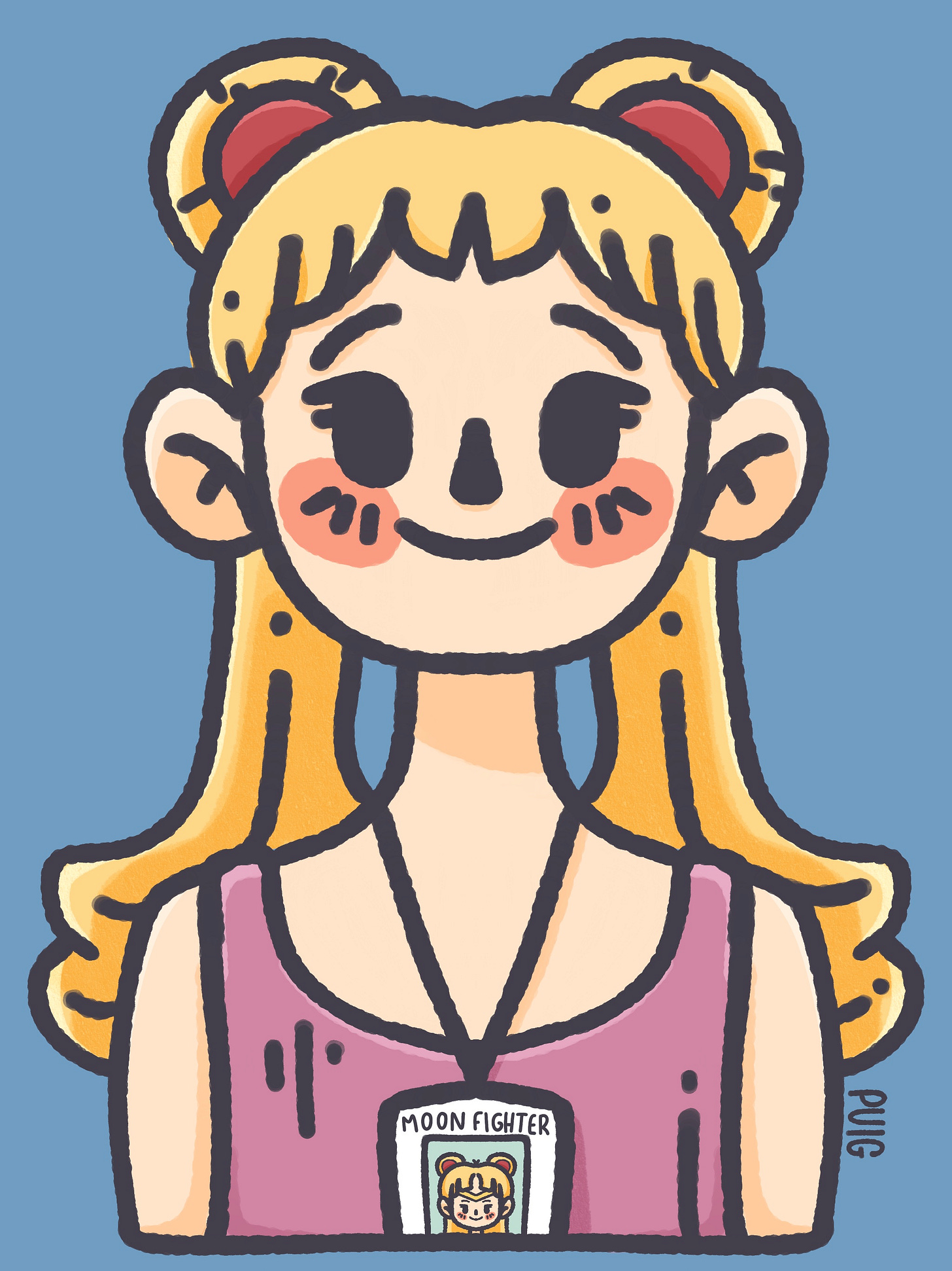 The character Serena Tsukino, from Sailor Moon. She wears a pink tank top with a office cart around her neck. 