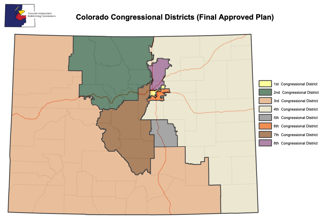 Colorado’s current congressional district map (Credit: Colorado Independent Redistricting Commissions)