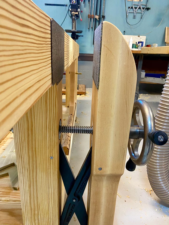 Leg vice chop being shaped on the bandsaw, the sliding deadman shaped, and the vice installed.
