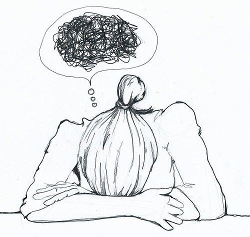 This may contain: a black and white drawing of a person with an onion thought bubble above their head