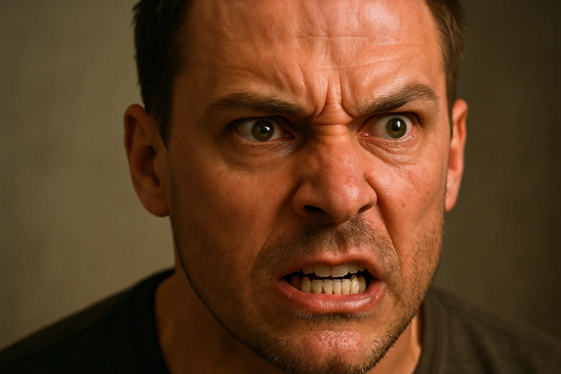 Close-up of an angry man’s face, eyes wide open with fury, brows furrowed, and teeth clenched in a hostile snarl. His expression shows intense rage and aggression, with deep wrinkles across his forehead and tension in his jaw. The background is neutral and out of focus, emphasizing the raw emotion in his face. Close-up of an angry man’s face, eyes wide open with fury, brows furrowed, and teeth clenched in a hostile snarl. His expression shows intense rage and aggression, with deep wrinkles across his forehead and tension in his jaw. The background is neutral and out of focus, emphasizing the raw emotion in his face.