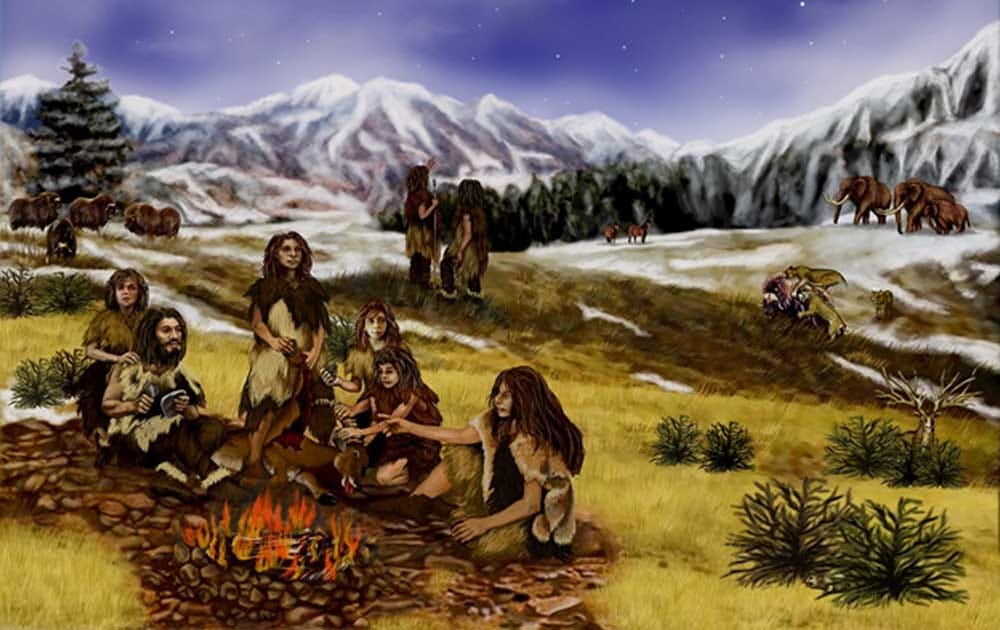 Representation of a group of Neanderthals.