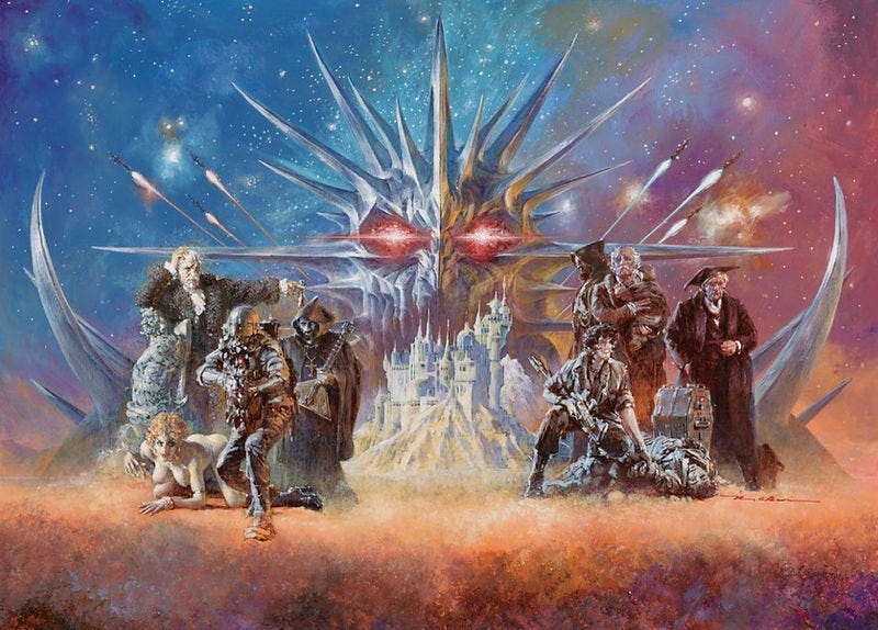 Fantasy scene with diverse characters facing a spiked, red-eyed figure. Castle backdrop under a starry sky. Intense, mystical atmosphere. Fantasy scene with diverse characters facing a spiked, red-eyed figure. Castle backdrop under a starry sky. Intense, mystical atmosphere.