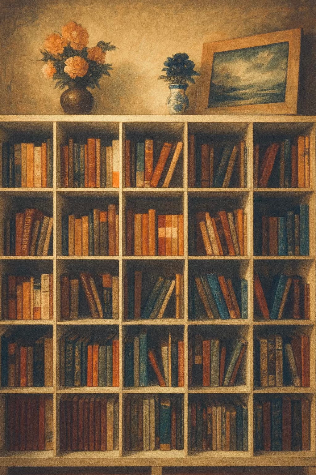 A warm-toned painting of my full bookshelf, holding rows of worn, colorful books in shades of ochre, rust, and navy.