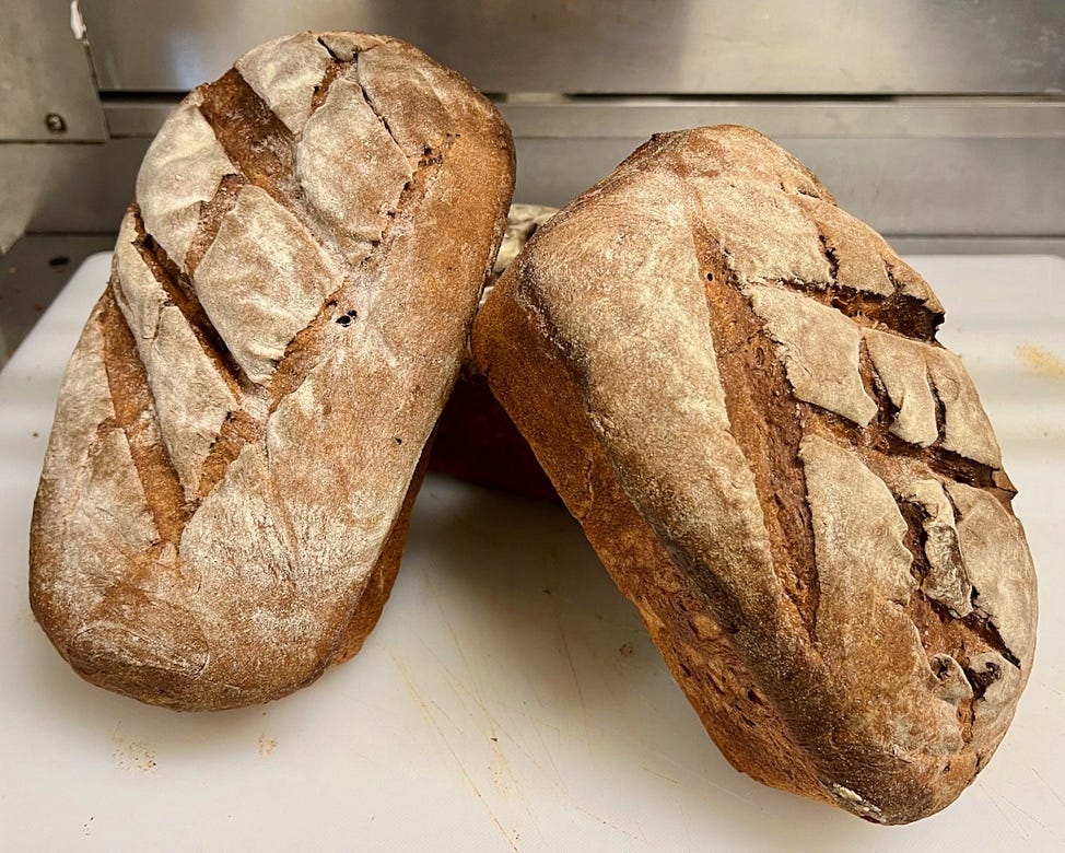 Two loaves of bread on a counter

AI-generated content may be incorrect.