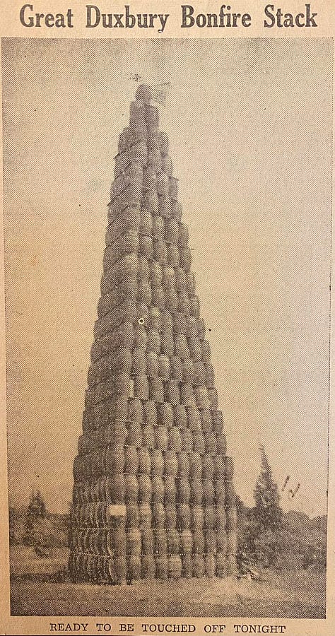 Three images of bonfires erected for the Duxbury Days celebration