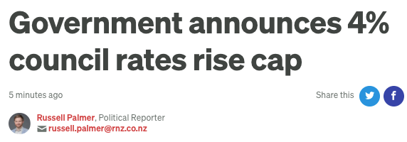 Headline: "Government announces 4% council rates rise cap."