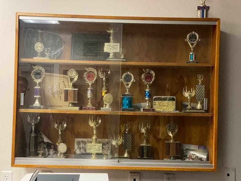 A display case with trophies

AI-generated content may be incorrect.