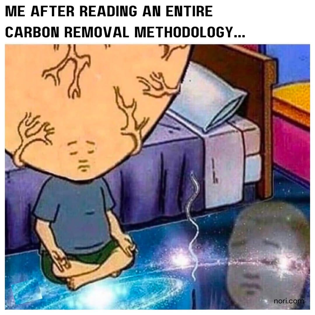 Cartoon of a character with a huge glowing head meditating over the cosmos, under the text "Me after reading an entire carbon removal methodology...".