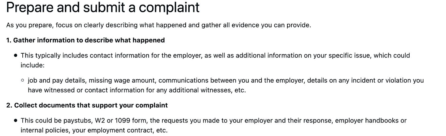 A screenshot of content added to the IDOL website with the section header:  “Prepare and Submit a Complaint”. Underneath this header reads two steps set in bold: “Gather information to describe what happened" and “Collect documents that support your complaint”. Listed underneath each step is a bulleted list of instructions to further help workers complete each step.