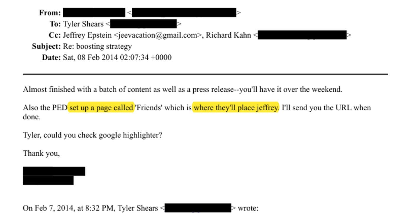 "the PED set up a page called 'Friends.'" EFTA00673091.