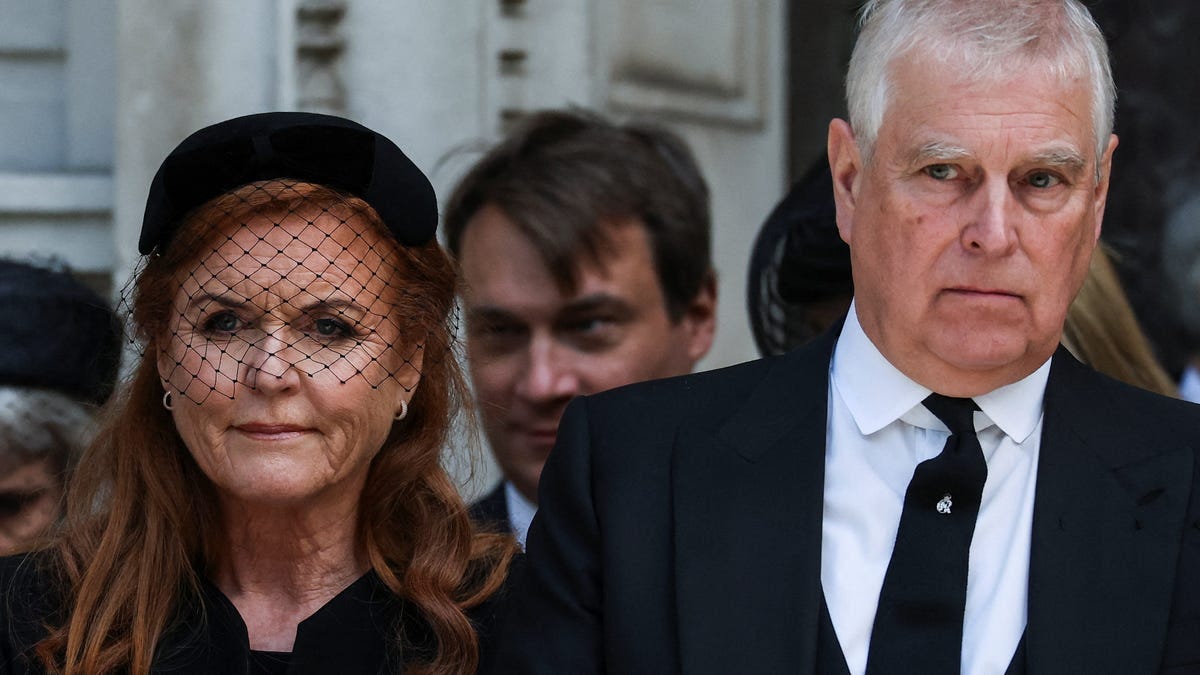 Britain's Prince Andrew and his former wife Sarah Ferguson, Duchess of York, leave Westminster Cathedral at the end of the Requiem Mass, on the day of the funeral of Britain's Katharine, Duchess of Kent, in London on Sept.16, 2025.