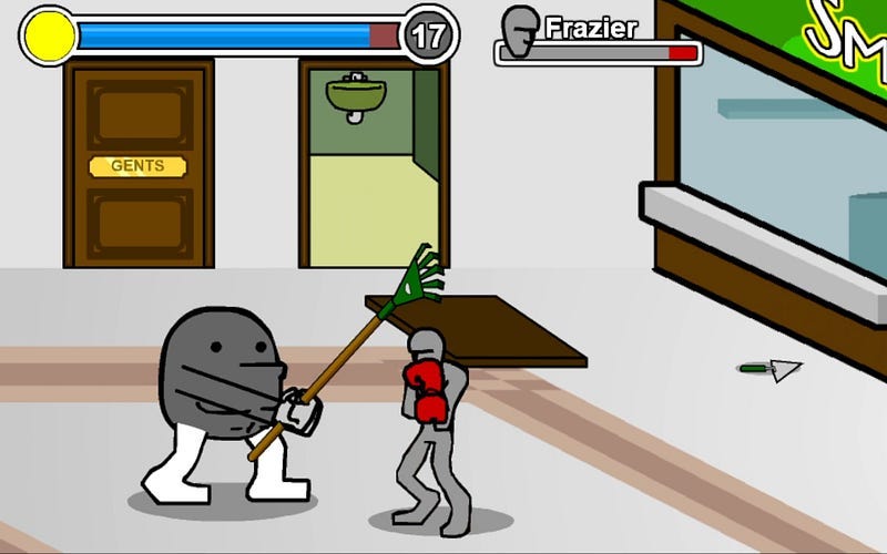 A gameplay still from Crunchdown depicting the player swinging a rake at an enemy.
