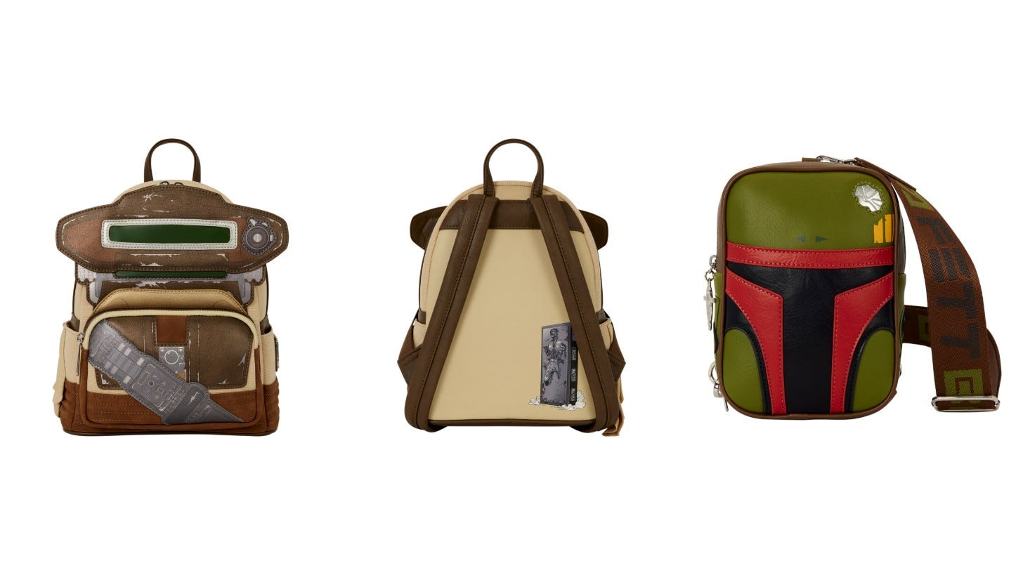 Front and back of the Boushh mini backpack, with Han Solo in carbonite, next to the Boba Fett sling. Image: Loungefly