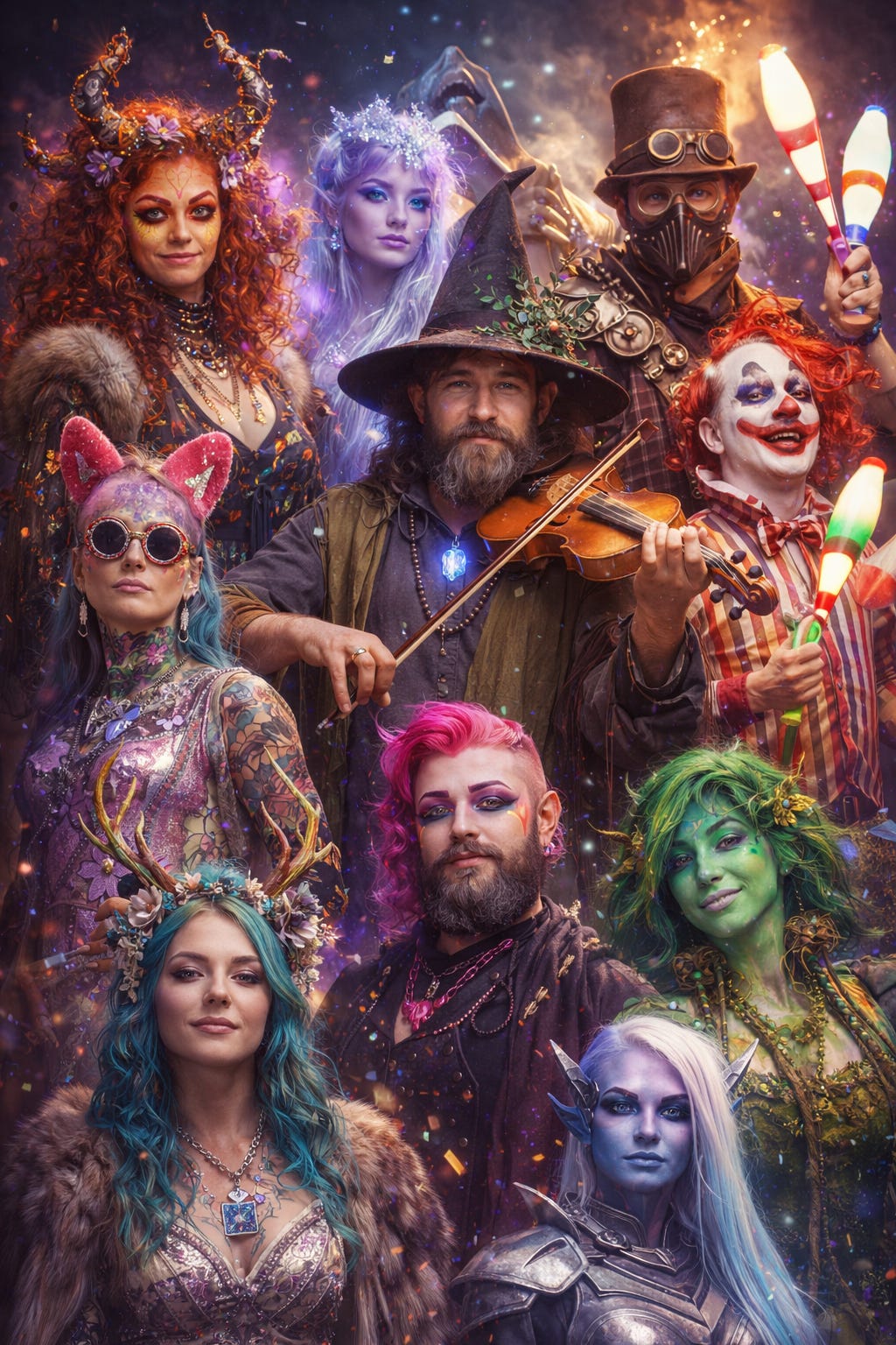 A vibrant group portrait of nine eclectic people in bold costumes and creative styles, including face paint, colorful hair, whimsical hats, and props like juggling clubs and a violin, standing together in a celebratory, magical-looking scene that highlights uniqueness and individuality. A vibrant group portrait of nine eclectic people in bold costumes and creative styles, including face paint, colorful hair, whimsical hats, and props like juggling clubs and a violin, standing together in a celebratory, magical-looking scene that highlights uniqueness and individuality.